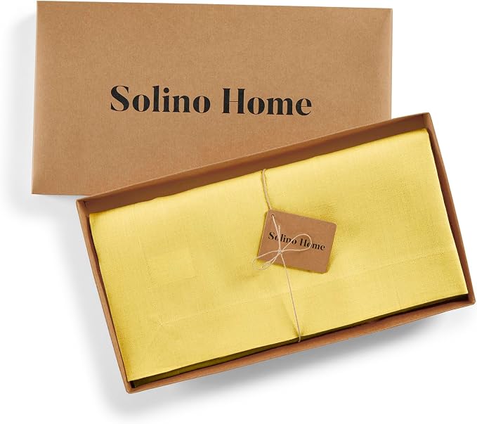 Solino Home Linen Square Tablecloth 52 x 52 Inch - 100% Pure Linen Sunshine Yellow Table Throw - Fete, Machine Washable Table Cloth for Summer