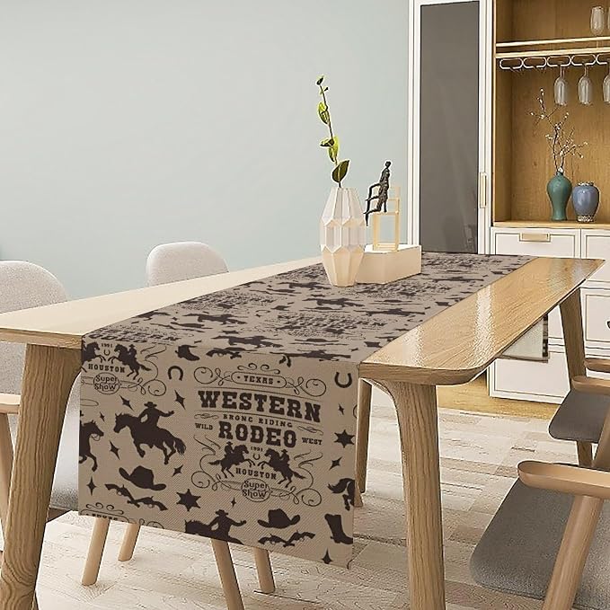 Western Cowboy Table Runner, Vintage Wild West Rodeo Riding Farmhouse Table Decoration for Kitchen Dining Cafe Home Party Decor, 13x120 Inch