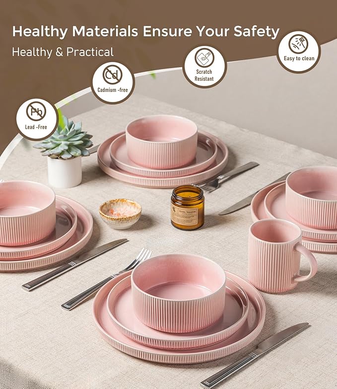 GBHOME 24-Piece Stoneware Dinnerware Set for 8 – Ribbed Ceramic Plates and Bowls, Scratch-Resistant, Microwave & Dishwasher Safe, Reactive Glaze, Blush Vei