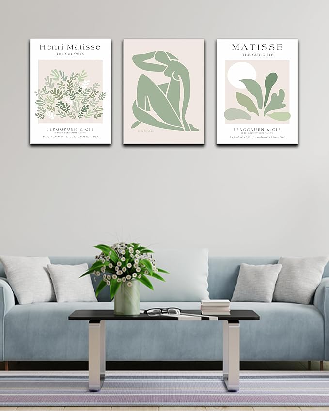 Matisse Sage Green Framed Wall Art,Abstract Green Canvas Wall Decor.12x16in Plants Botanical Poster Prints,Minimalist Classic Home Decoration for Living Room Bedroom Bathroom Office,Set of 3