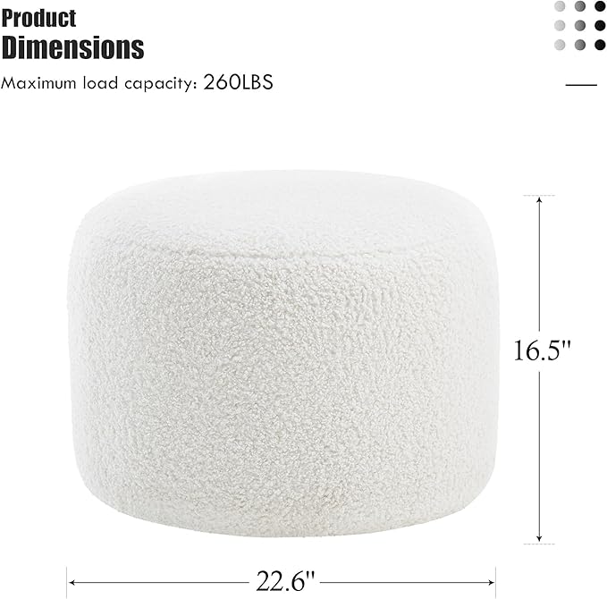 Flouki Pouf Ottoman Footrest, Foot Stools, Modern Round Upholstered Ottomans, Ottomans Pouffe, for Living Room, Bedroom, Entryway, Dorm, Selected Sherpa Fabric, White