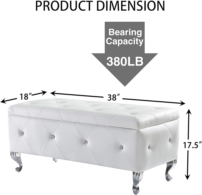 Modern Tufted Ottoman Bench with Crystal Buttons Decor, 38" PU Leather Upholstered Storage Bench End of Bed Storage Ottoman Footrest for Bedroom Living Room Entryway (White)