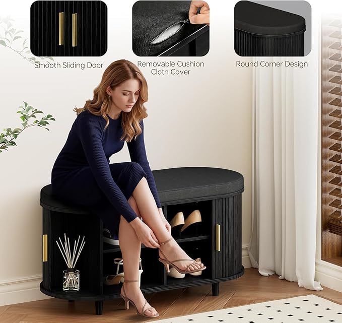 Entryway Bench with Storage: 35.4" Wooden Bedroom Shoe Bench with Thickened Padded Seat Cushion, Mid Century Modern Fluted Sliding Door and Adjustable Shelf, for Entryway, Living Room