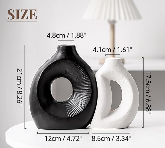 Black White Unique Ceramic Vase Set of 2, Modern Combination Vase Hollow Round Matte for Pampas Grass, Dried Fresh Flowers Home Decor Christmas Wedding Party Table Centerpiece