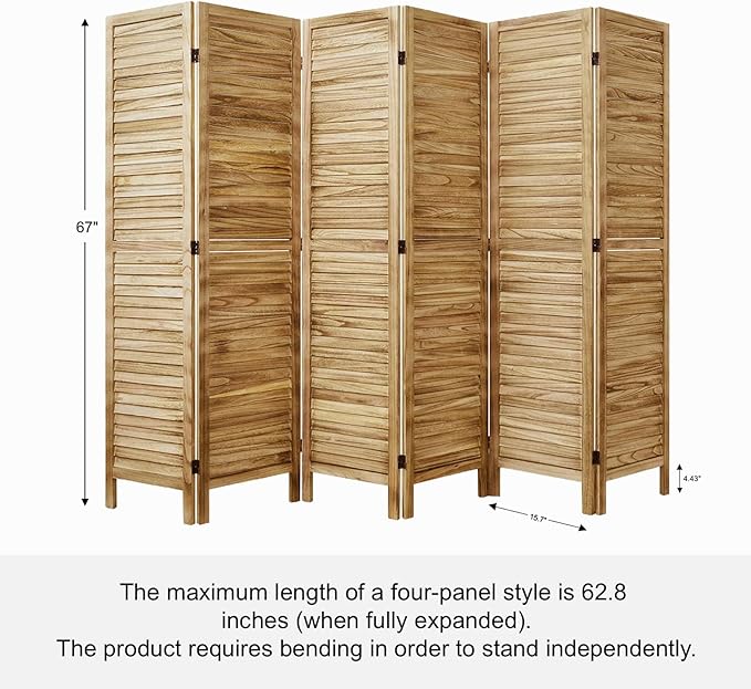 Room Partitions and Dividers Temporary Wall with Double Hinges, 5.6 Ft Tall Folding Louver Wood Screen for Home Office Bedroom Decoration (6 Panels, Natural Color)
