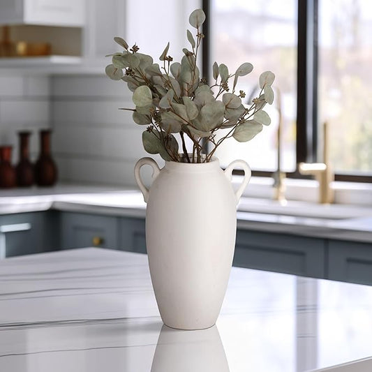 Ceramic Jug Vase with Handles for Living Room Decor - Casual Home Decor Accent for Entryway Table or Dinign Room - Decorative Flower Vase for Shelf, Bedroom, or Office Desk - 16", White