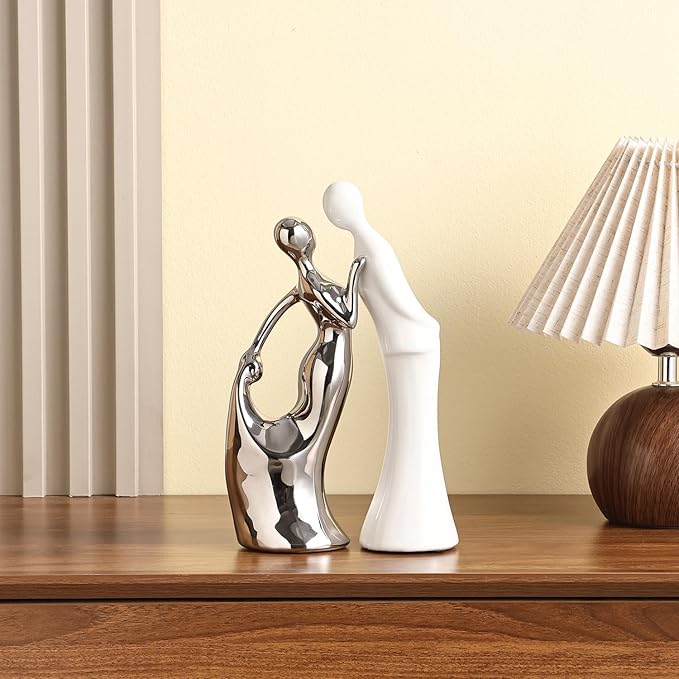 Ceramic Couple Statues Home Decor Lover Sculpture Figurine, Modern Aesthetic Abstract Art Decorative Accent Dining Table Decorations for Living Room Bedroom Bookshelf Table Office (White and Silver)
