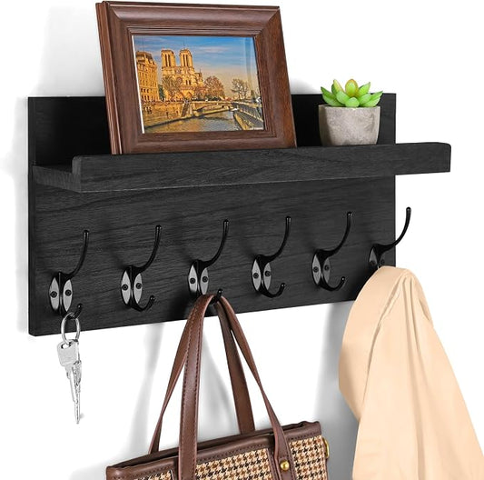HRONRAD Coat Rack Wall Mount, 17” Wooden Key Holder for Wall, Farmhouse Shelf with Hooks for Hats Towels Clothes, Home Decor for Entryway, Bathroom, Kitchen, Black