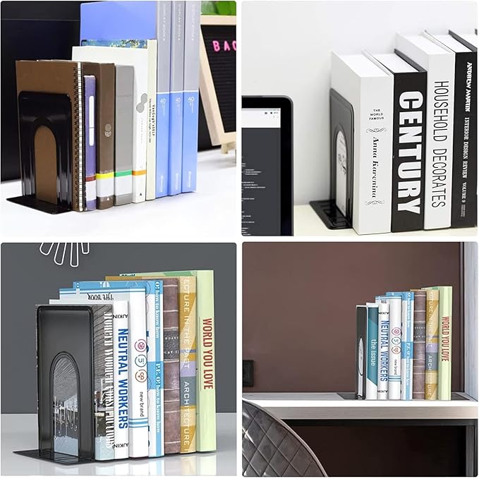 Book Ends, Heavy Duty Bookends to Hold Books, Metal Bookends for Home Office Decorative, Book Ends for Heavy Books/Movies/CDs, Black 6.5 x 5 x 5.7 in, 7 Pair/ 14Piece