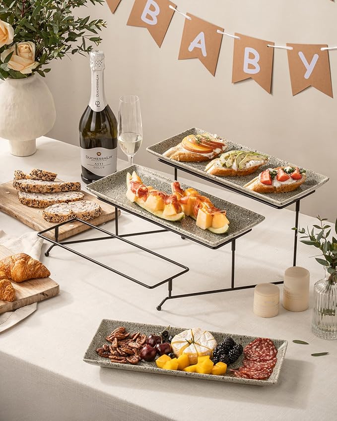 LAUCHUH 3 Tier Serving Trays for Party, 14 inch Dessert Party Display Stand Serving Platters and Trays with Collapsible Sturdier Rack for Mother's Day Serving Food, Speckled Gray