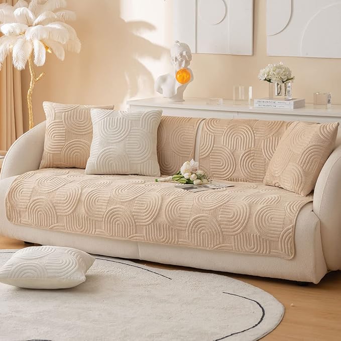 Soft Plush Geometric Quilted Couch Sofa Cover Boho Non Slip Fuzzy Sectional Couch Cover Solid Color Washable Sofa Slipcover Furniture Protector for Kids Dogs Cats (Coffee,43"x70")