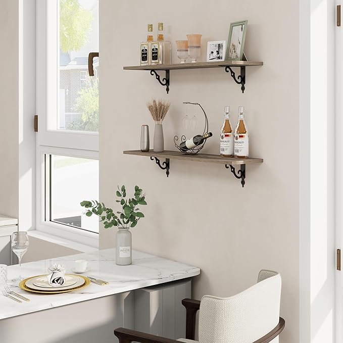 RICHFOCUS Floating Shelves for Wall Decor, 31.5W x 8D Shelves Set of 2, 8" Deep Rustic Wood Floating Shelves Wall Mounted with Metal Brackets, Shelves for Living Room Bedroom Kitchen, Grey