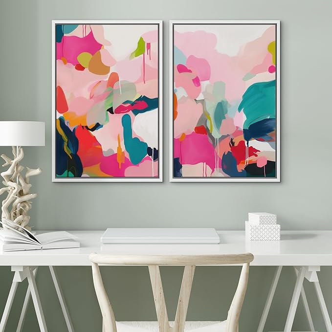 SIGNWIN Framed Canvas Print Wall Art Colorful Abstract Vibrant Pink and Blue Drip Illustrations Modern Art Decorative Contemporary for Living Room, Bedroom, Office - 16"x24"x2 White