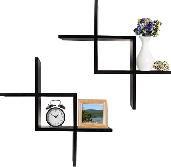 Greenco Criss Cross Intersecting Floating Shelf, Easy-To-Assemble Floating Wall Mount Shelves for Bedrooms and Living Rooms, Espresso Finish