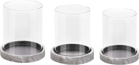 Set of 3 Glass Hurricane Candle Holders for Pillars with Distressed Brown Solid Wood Base Crafted from Pine, Farmhouse Candlestick Holder, Centerpieces for Home, Garden, Table, Mantel, Wedding, Party