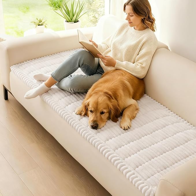 hyha Couch Cover for Dogs Washable, Non Slip Thick Flannel Sofa Protector, Pet Friendly Plush Furniture Cover for Sectional Sofa & Loveseat (White, 27.6" x 47")