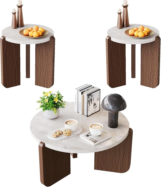 COSIEST Modern Round Coffee Table & 2 Side Tables Set, Faux Marble Wood Top, Walnut & Cream White Legs, Minimalist Living Room Center & Accent Tables(3 PCS)