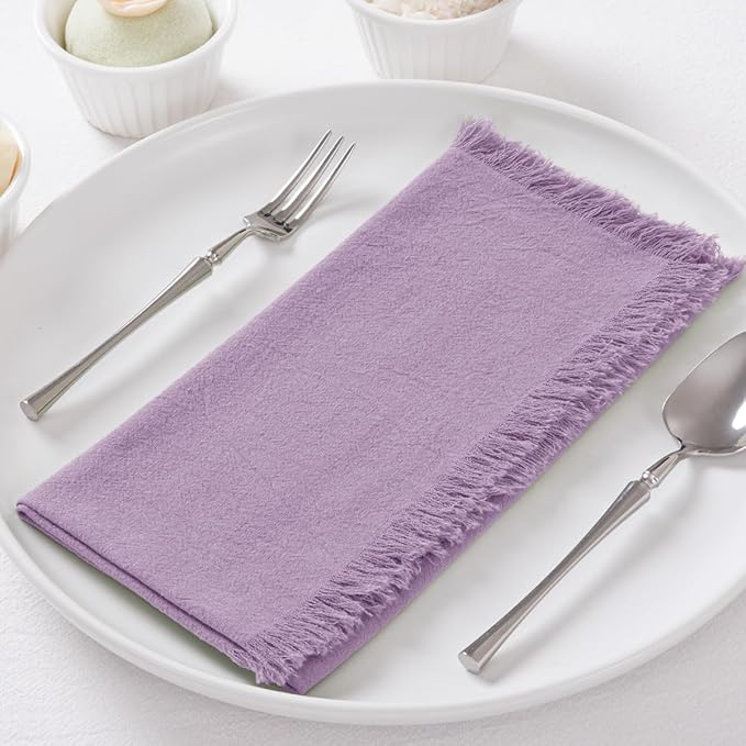 DeZerlor 12 Pack Purple Cotton Linen Napkins with Fringe Summer Cloth Napkins Set of 12 Boho Handmade Dinner Napkins Bulk for Wedding Bridal Baby Shower Parties, 17 x 17 Inches