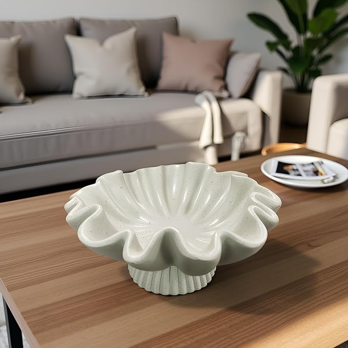 10" Large Handmade Decorative Bowl decor, Handicraft Scalloped Bowls for Modern Home Decor,Ruffle Decor,Key Bowl for Entry Table,Decorative Fruit Bowl for Kitchen Counter,Light Gray