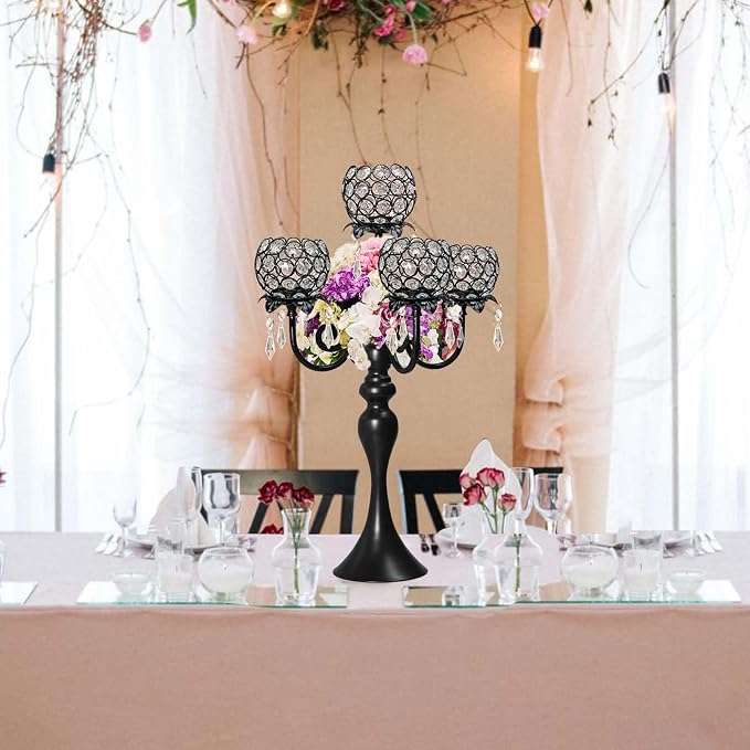 22.5" Black Metal & Crystal Tea Light Candle Holder - Wedding, Party Centerpiece for Events, Decorative Chandelier (1, Black)