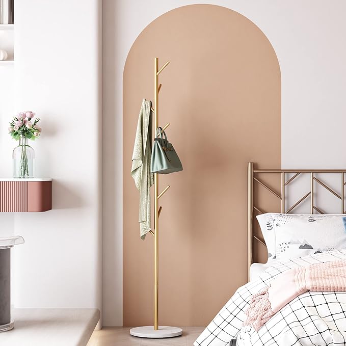 DOORXIFO Gold Coat Racks, Metal Coat Rack Freestanding with Hooks, Entryway Coat Rack Stand, Coat Racks with Marble Base, Coat Tree for Hanging Clothes, Hats, Bags