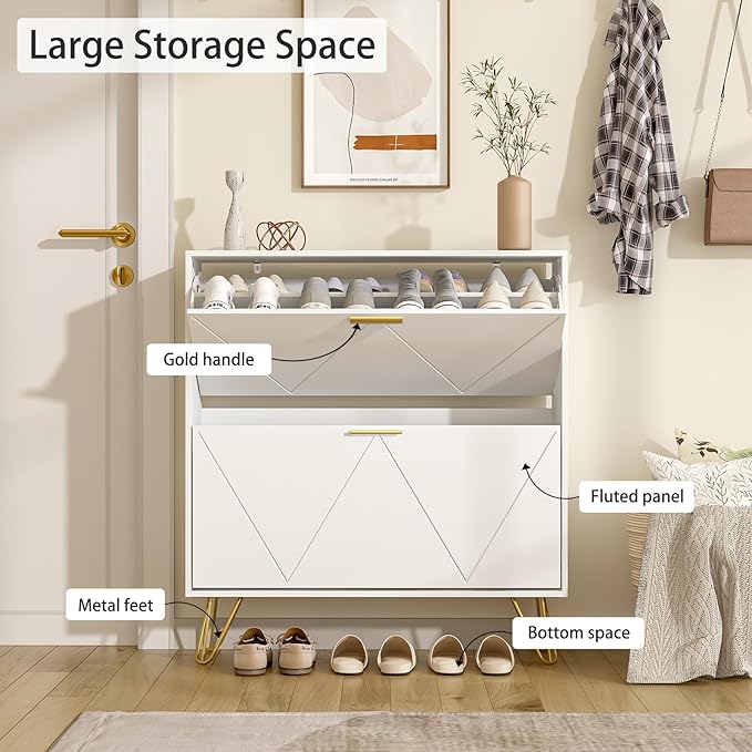 LYNSOM 2er Set Shoe Cabinet with 4 Flip Drawers, White Shoe Storage Cabinet, Slim Wooden Freestanding Shoe Rack, Shoe Organizer with Fluted Panel for Entryway Hallway