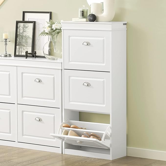 Haotian Narrow Shoe Cabinet, Slim Shoe Rack Entryway, Hidden Shoe Storage Organizer with 3 Flip Drawer for Hallway White FSR94-W