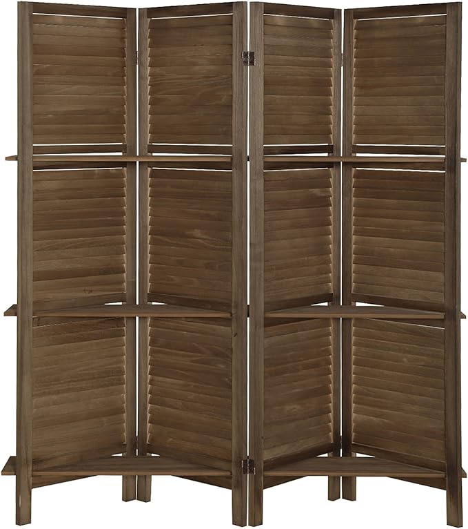 4 Panel Room Divider with Shelves, Room Dividers and Folding Privacy Screens, Wall Divider for Room Separation, Wood Room Divider, Dark Brown