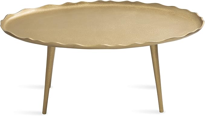 Kate and Laurel Alessia Modern Glam Oval Coffee Table; 34 x 20 x 15; Gold; Metal Living Room Table for Storage and Display with Antique Deckled Edge Detailing