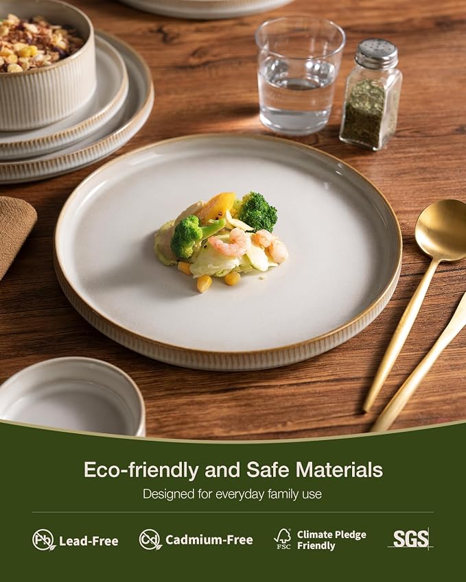 Famiware Star 12-Piece Stoneware Flat Plate Set for 6-10.5" Dinner Plates & 8" Salad Plates, High Edge Dinnerware with Trim, Chip & Scratch Resistant, Microwave & Dishwasher Safe, Cappuccino White