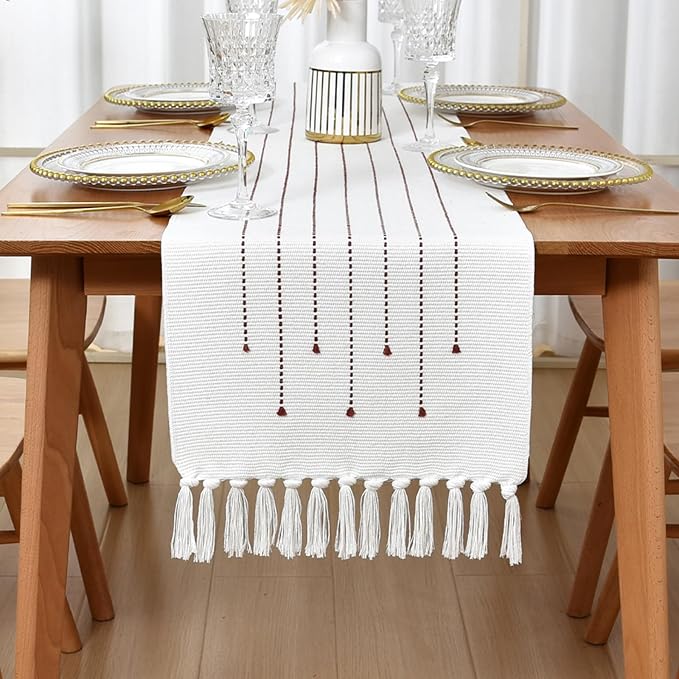 Boho Table Runner Natural Cotton Woven Runner with HandmadeTassels for Home Dining Table décor, for Modern Farmhouse Decor Coffee Table Runner (Wine red, 14x90Inch)