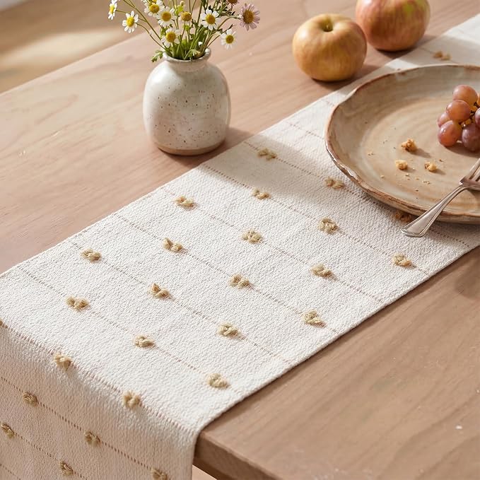 Artoid Mode Taupe Beige Boho Farmhouse Cotton Woven Table Runner, Seasonal Fall Kitchen Dining Table Decoration for Home Party Decor 12x36 Inch