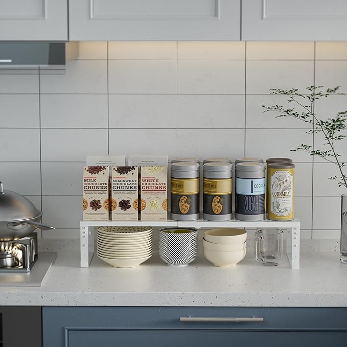 Expandable Spice Rack Kitchen Cabinet Shelf Organizer, Stackable Storage Shelves Racks, Adjustable Counter Shelving for Cabinets, Countertop, Cupboard,Pantry and More(3Packs/White/Large)