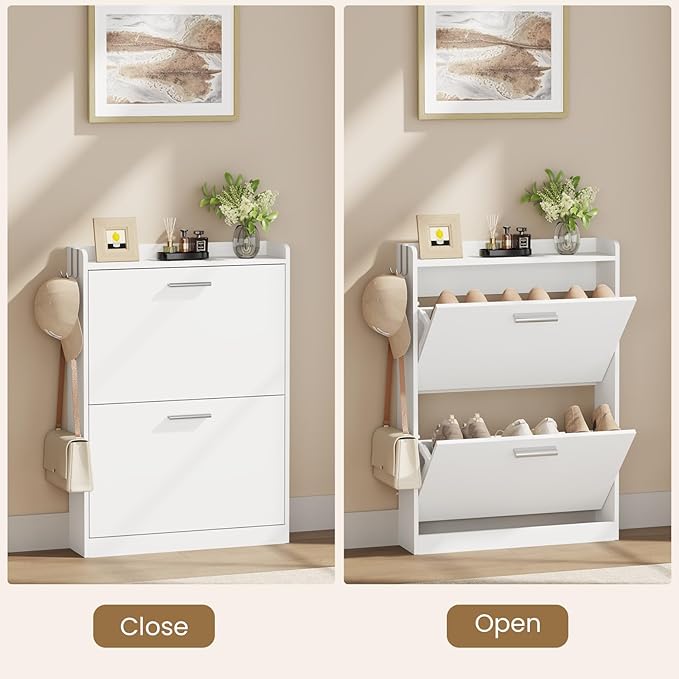 Shoe Cabinet Organizer with 2 Flip Drawers，Freestanding Shoe Rack Cabinet，Narrow Shoe Cabinet Storage for entryway，Foyer, Hallway, White, 23.6" W × 6.3" D × 33.1" H