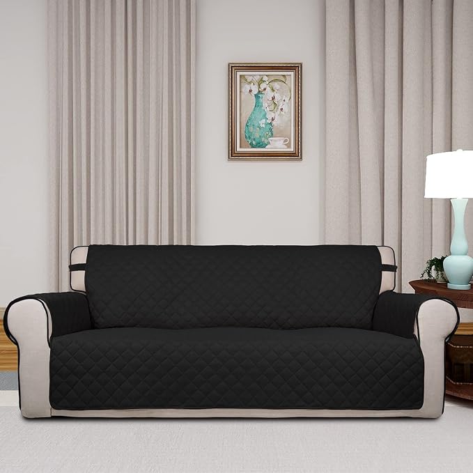 PureFit Reversible Quilted Sofa Cover, Water Resistant Slipcover Furniture Protector, Washable Couch Cover with Non Slip and Elastic Straps for Kids, Pets (Sofa, Black/Black)