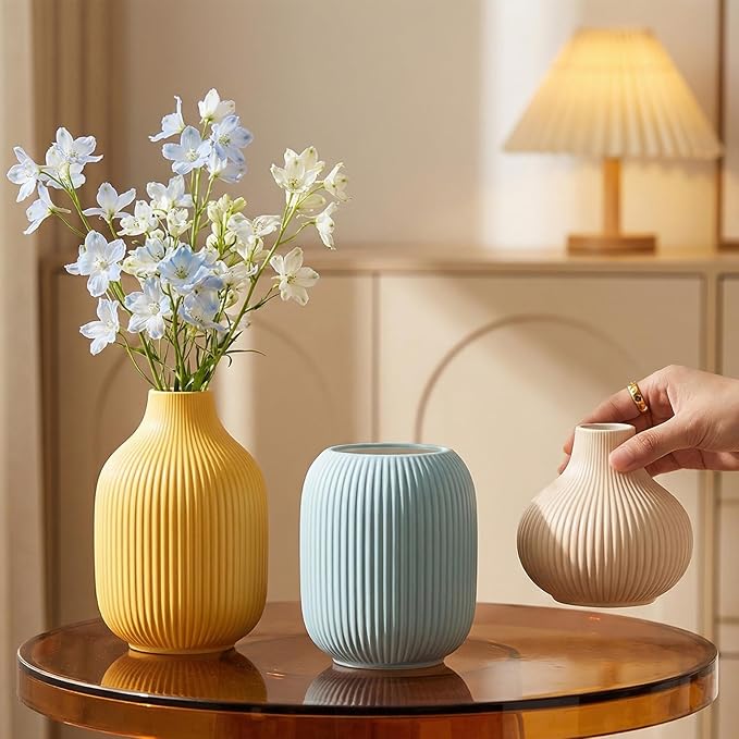 Colorful Small Ceramic Vases Set of 3, Matte 3D Vertical Ribbed, Minimalist for Pampas & Fresh Flowers, Centerpiece for Living Room,Shelf, Wedding (Light Blue, Mustard Yellow, Beige)
