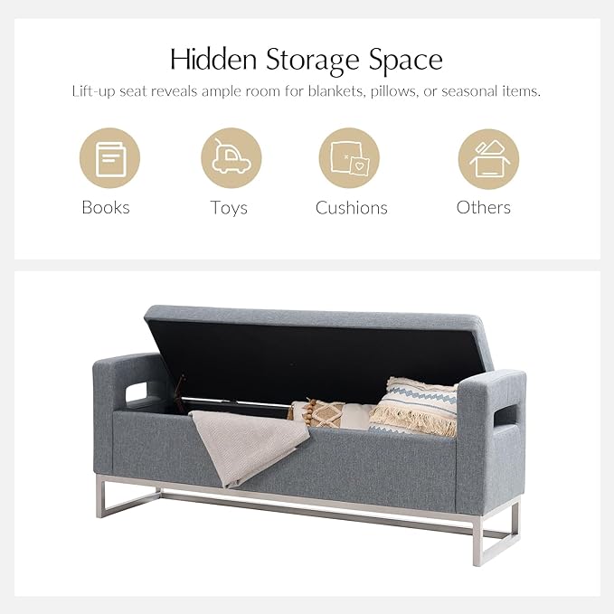 58.4" Ottoman with Storage,Upholstered Entryway Bench for Bedroom and Living Room,End of Bed Bench with Metal Base，Blue