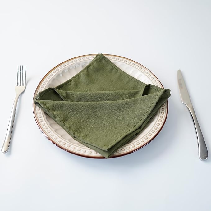 Solid Color Polyester Linen Blended Thin Dinner Napkins - Pack of 12 (40 x 40 cm) - for Events & Home Use (Army Green)
