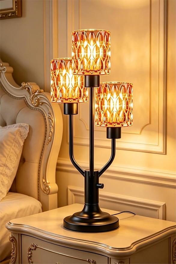 Lightdot Modern Glass Table Lamp Dimmable Mid Century Black Desk Lamp with Thickened Red Glass 3 Bulbs Included 3000K Warmwhite Nightstand Lamp for Bedroom Bedside End Table