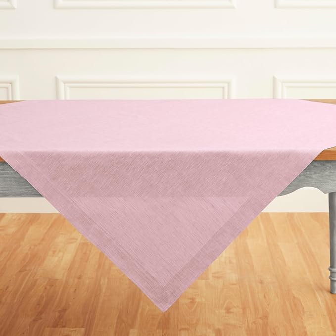 Solino Home Linen Tablecloth 52 x 52 Inch - 100% Pure Linen Square Table Throw - Athena, Machine Washable Bubblegum Pink Tablecloth for Summer