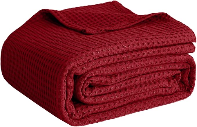 100% Cotton Blankets for Bed - Waffle Weave Blankets for Summer, Lightweight and Breathable Soft Woven Blanket for Spring (RED, Twin (60" x 90"))