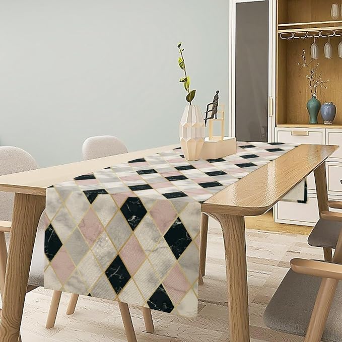 Marble Table Runner,Pink Black White Gold Geometric Diagonal Marble Pattern Table Runner for Coffee Table Dining Room Table Bedroom Party Holiday Decor 13x72inch