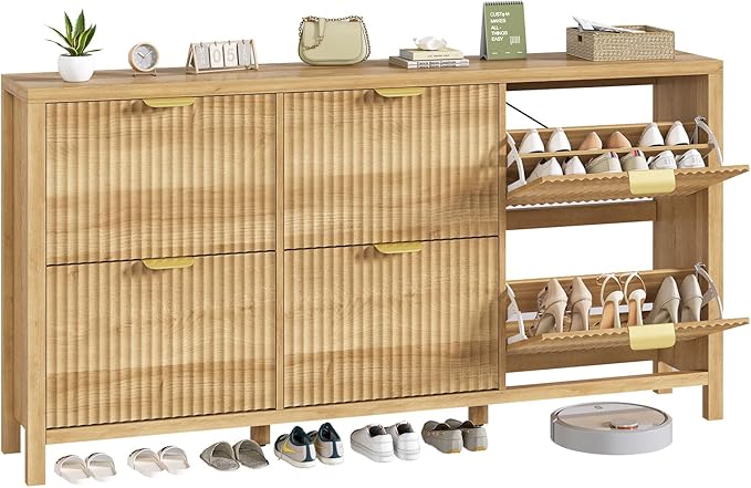 YOMILUVE 63" Shoe Cabinet Storage for Entryway, Fluted Shoe Cabinet with 6 Flip Drawers, Hidden Shoe Rack Freestanding Wooden Shoe Organizer with Legs for Hallway, Oak