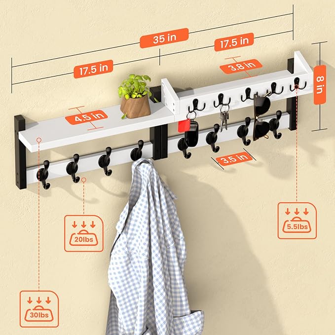 35'' White Coat Rack Wall Mount with Shelf, Solid Wood Coat and Key Hanger with 13 Metal Hooks, Farmhouse Wall Organizer for Mail, Entryway Wall Hangers for Hats, Clothes, Backpacks, Mudroom
