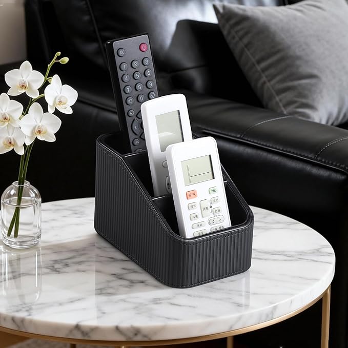 Remote Control Holder, PU Leather Nightstand Organizer Bedside Caddy with 3 Compartments, Small Desk Organizer for Remote/Pen/Glasses/Phone (Black)