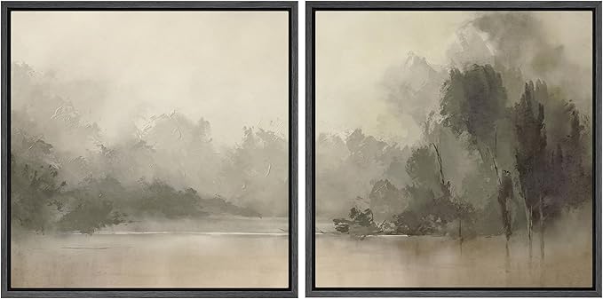 SIGNFORD Framed Canvas Print Wall Art Set Mystic River Fog Waterfront Nature Illustrations Modern Art Minimal Relax/Calm for Living Room, Bedroom, Office - 24"x24"x2 Black
