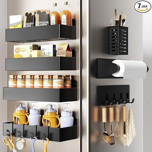 Mystozer Magnetic Spice Rack for Refrigerator,7 Pack Magnetic Shelf,Fridge Magnet Organizer with Paper Towel Holder,Utensils Racks,Hook Rack,Fridge Organizers and Storage Black(7 Pack)