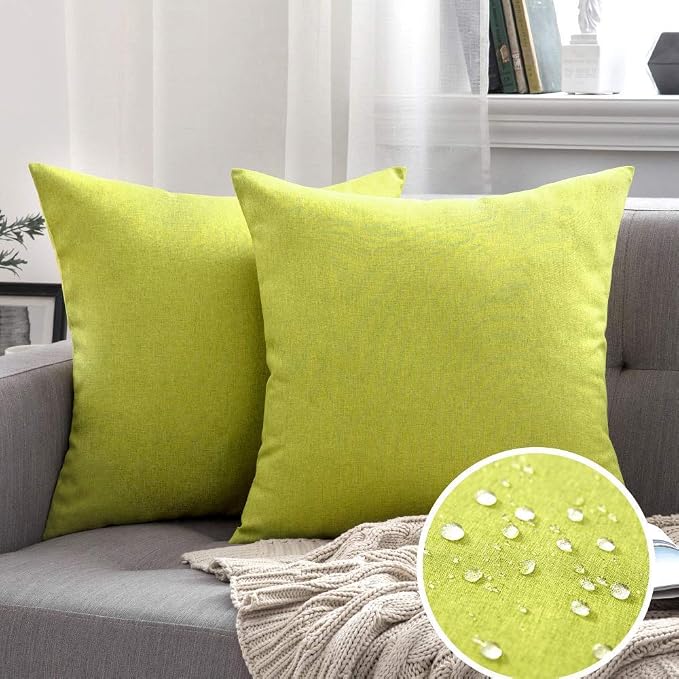 MIULEE Pack of 2 Decorative Outdoor Solid Waterproof Throw Pillow Covers Spring Euro Sham Faux Linen Garden Farmhouse Cushion Cases for Summer Patio Tent Balcony Couch Sofa 24x24 Inch Green