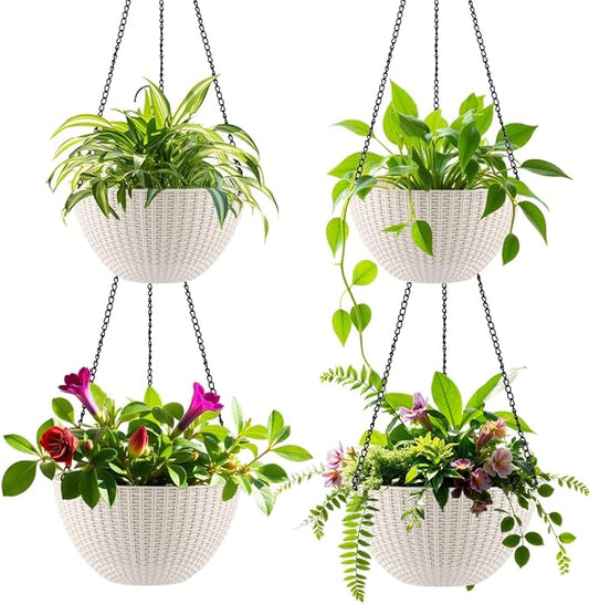 RooTrimmer Hanging Planters for Indoor Outdoor Plants 8 and 10 Inch, 4 Packs Hanging Flower Pot with Drainage Holes, Self-Watering Hanging Basket Perfect for Home, Office and Garden, White