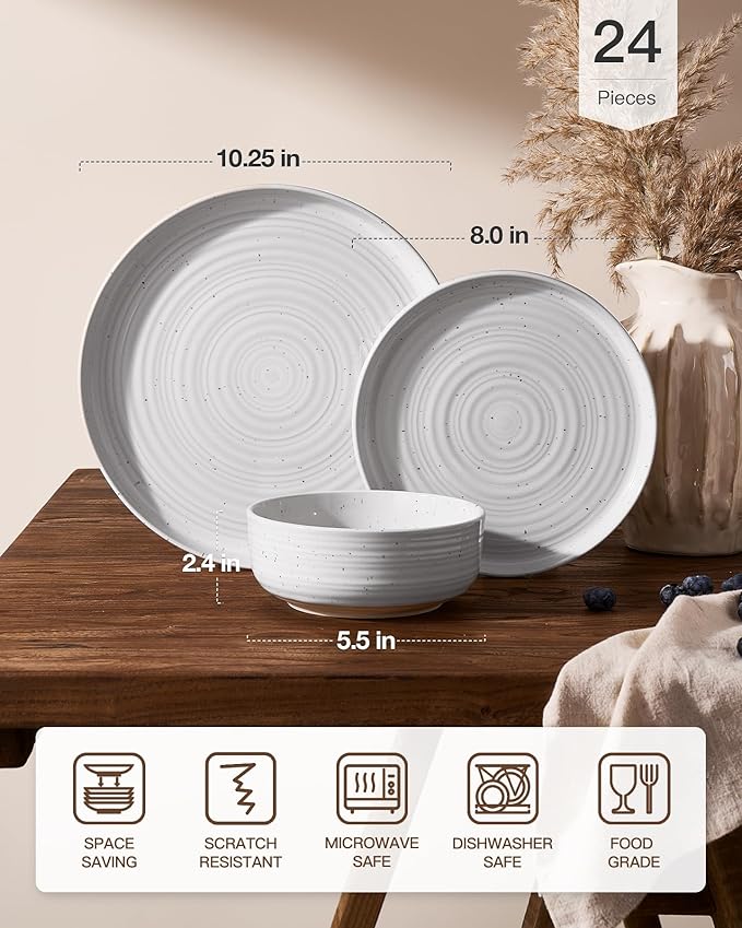 24-Piece Stoneware Dinnerware Set – Flared Plates and Bowls with Reactive Glaze, Speckles & Spirals, Chip & Scratch Resistant Dishes, Dishwasher Safe, Service for 8, Gift Box, White